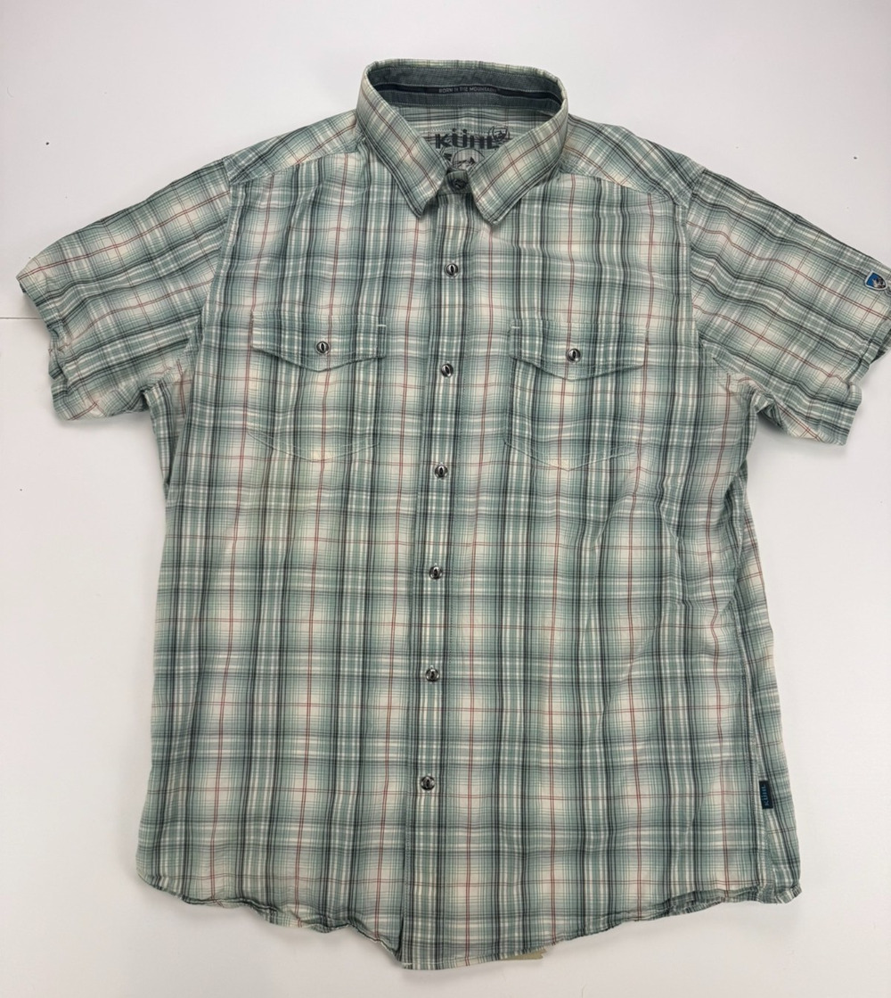 KÜHL Men's M Green Plaid Short Sleeve Outdoor Button Shirt Cotton Linen